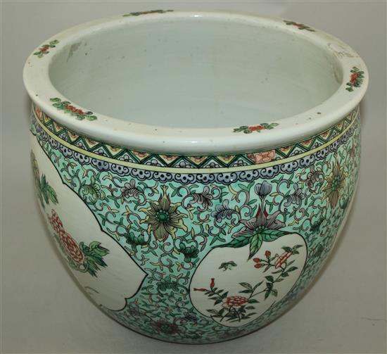 A Chinese famille verte goldfish bowl, late 19th century, diam.30cm, star crack to base